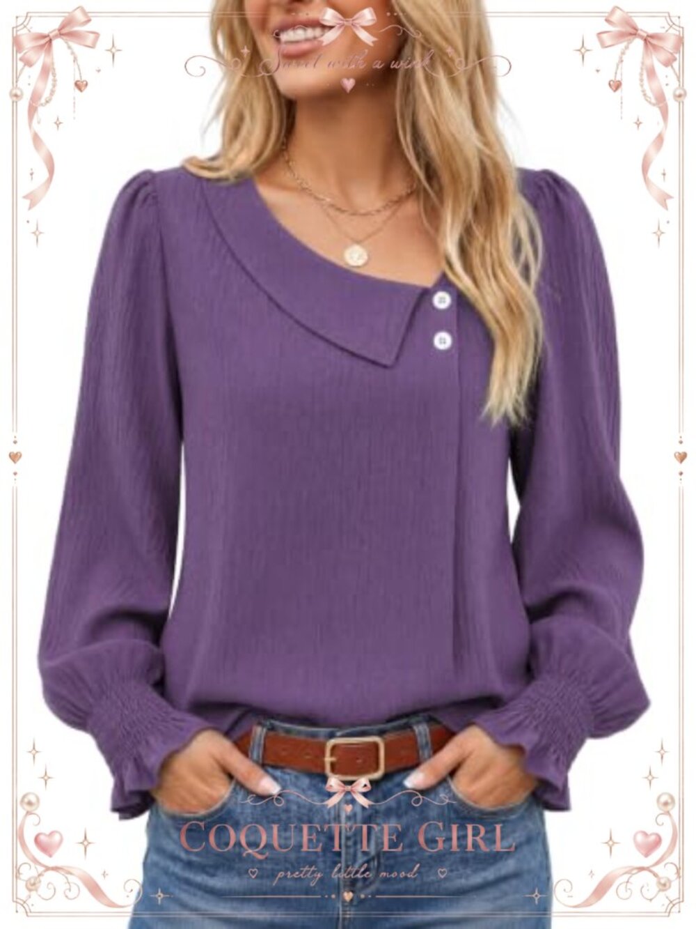 Women's Asymmetric Neck Long Sleeve Blouse Button Front Dressy Casual Top